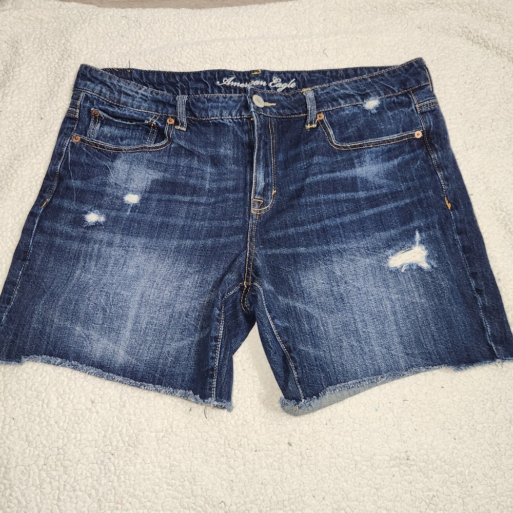 American Eagle Y2k 2000s Jean Shorts,Women's 14,Modest 7" Inseam Destressed Dark